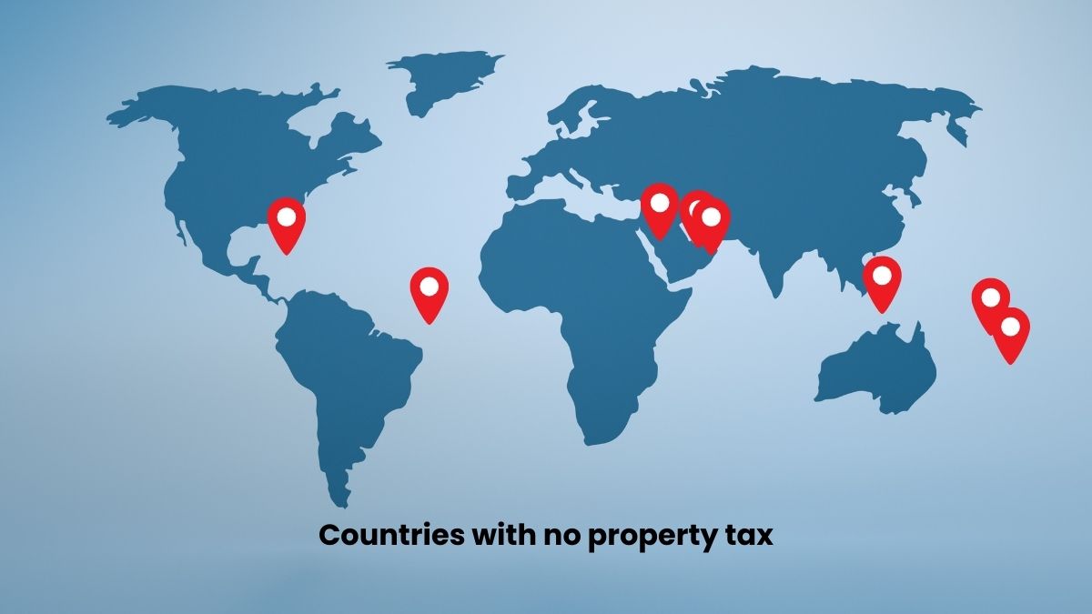 A map of the world with red location markers showing no property tax countries