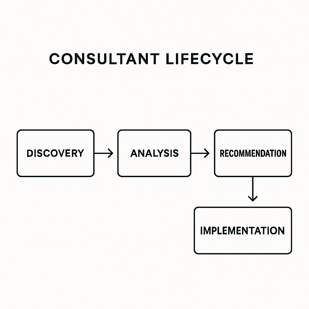 high-level steps a consultant takes from discovery through analysis, recommendation, and implementation